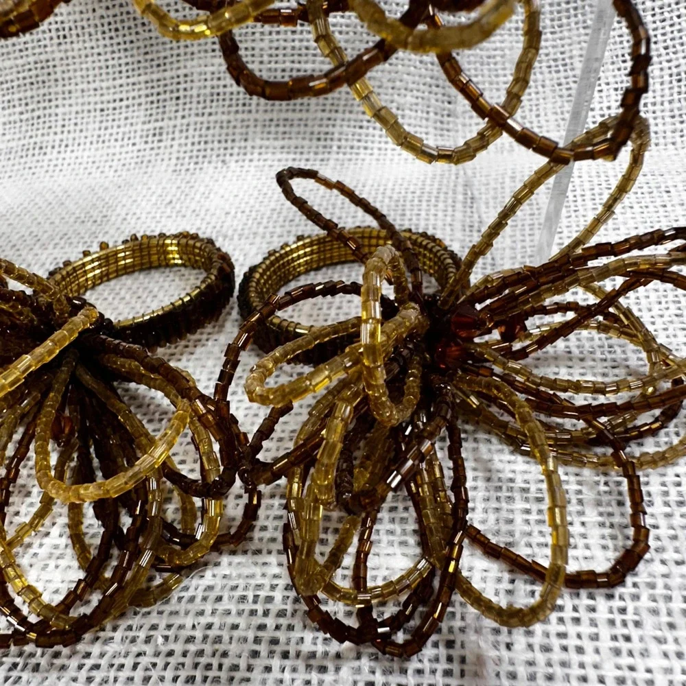 Set of 6 Beaded Napkin Rings Amber‎ Bronze Brown Floral Glass Bead Table Decor